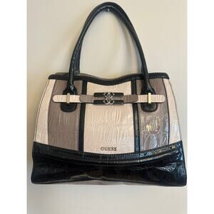 Guess Croc Embossed Satchel Shoulder Bag Taupe Black Patent